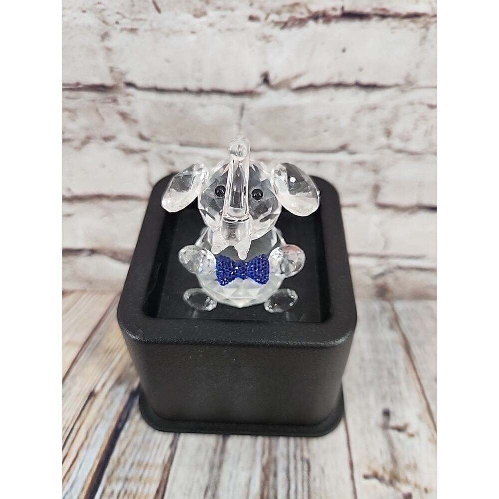 Vintage Cut Crystal Prism Seated Lucky Elephant with Blue Bowtie 3.25" Figurine